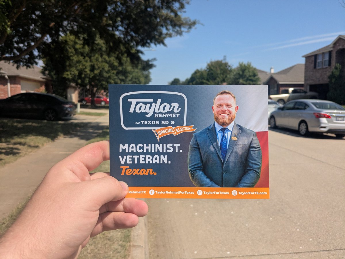 📢TEXAS DEMOCRATS📢

We have a real opportunity to flip a GOP seat in Tarrant County and elect <a href="/TaylorRehmetTX/">Taylor Rehmet</a>, a veteran and union organizer to the Texas Senate!

Election day is November 4th, 2025.

Sign up to block walk or phone bank here: taylorfortx.com/events