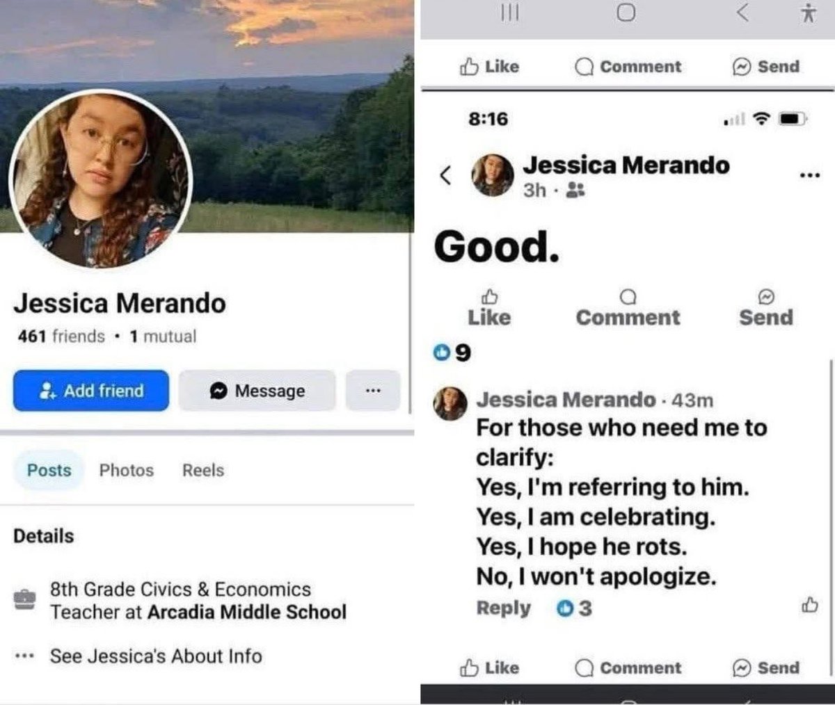 sally jean (@sally_jean) on Twitter photo <a href="/lisakippy/">lisakip</a> <a href="/willchamberlain/">Will Chamberlain</a> Wow! Great work!
Please add:
Meet Ms. Jessica Merando, who teaches 8th Grade **CIVICS** at Arcadia Middle School in Oak Hall, VA (on the coast near Washington DC)!! Shortly after the assassination of #CharlieKirk, she took to her social media to celebrate with a resounding <a href="/lisakippy/">lisakip</a> <a href="/willchamberlain/">Will Chamberlain</a> Wow! Great work!
Please add:
Meet Ms. Jessica Merando, who teaches 8th Grade **CIVICS** at Arcadia Middle School in Oak Hall, VA (on the coast near Washington DC)!! Shortly after the assassination of #CharlieKirk, she took to her social media to celebrate with a resounding