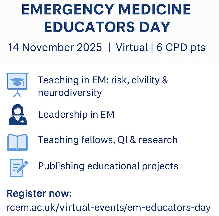 Emergency Medicine Educators Day

📅 14 Nov 2025 | Virtual | 6 CPD pts

✨ Teaching in EM: risk, civility &amp; neurodiversity
👩‍⚕️ Leadership in EM
📚 Teaching fellows, QI &amp; research
✍️ Publishing educational projects
👉 Register now: rcem.ac.uk/virtual-events…

<a href="/FfionDavies4/">Ffion Davies 🏴󠁧󠁢󠁷󠁬󠁳󠁿</a>