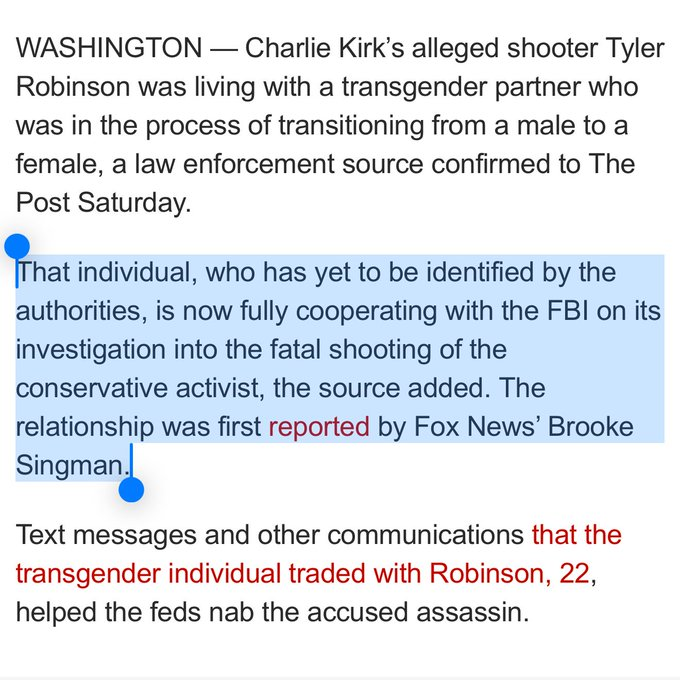 dewaldt_h's tweet image. 🚨 BREAKING: Charlie Kirk assassin Tyler Robinson was living with his TRANSGENDER PARTNER, per Fox News  A “male transitioning to female”

Tyler Robinson lived with a transgender partner, a male transitioning to female, who is fully cooperating with the FBI. Omar knew what was…