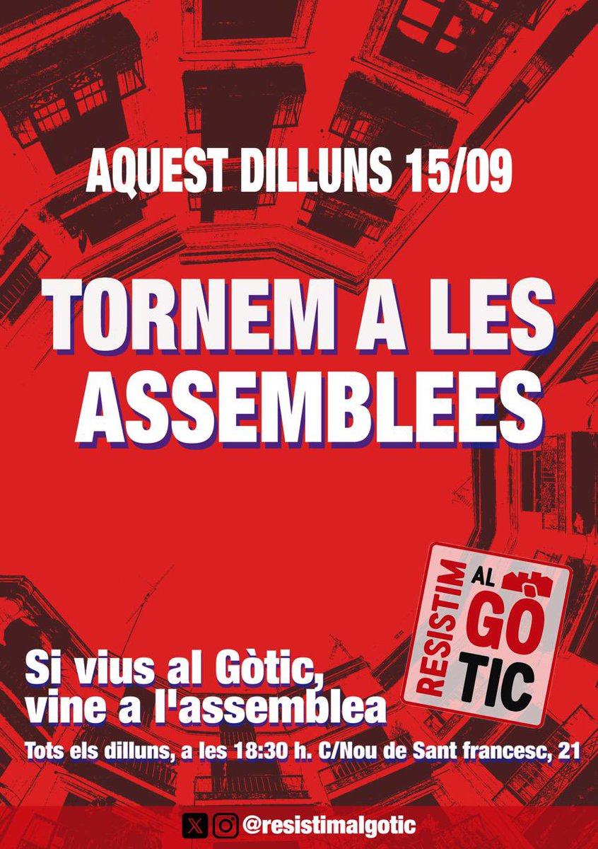 🔥Aquest dilluns tornem amb la primera assemblea oberta del curs!

✊Si vius al Gòtic, vine a l’assemblea!

Ens reunim tots els dilluns a les 18:30h a <a href="/lanegretagotic/">La Negreta - Espai Social del Gòtic #SomBarri</a> (c/Nou de Sant Francesc, 21)