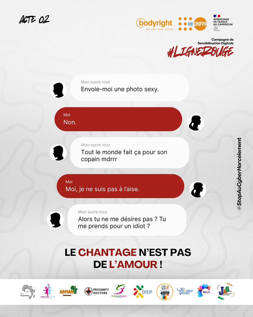 💔📱 Le chantage, ce n’est PAS de l’amour.
“Envoie-moi cette photo sinon…”
“Si tu ne fais pas ça, je la partage.”
#LigneRouge #Bodyright #Respect #StopCyberharcèlement

<a href="/UNFPACameroon/">UNFPA au Cameroun</a> 
<a href="/PlanCameroon/">Plan International Cameroon</a> 
@centreODAS