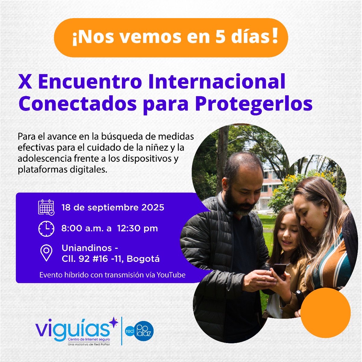 RedPaPaz's tweet photo. ⏳ ¡Faltan pocos días! Regístrese aquí https://t.co/Ins0oBDBuD y asegure su cupo para asistir al X Encuentro Internacional #ConectadosParaProtegerlos un espacio para dialogar sobre el cuidado digital de niñas, niños y adolescentes.
#CuidadoDigital #RedPaPaz https://t.co/AbqGiMOreo