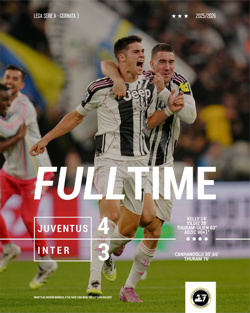 WHAT A GAME! 4-3 Untuk Il Bianconeri. 

Saling berbalas gol, Inter tampil dominan tapi Juventus tak gentar. Gol Adzic menutup pertandingan Derby d’Italia yang membuat teriakan bahagia di sisi tuan rumah. 

Well done, @Juventusfc! RAYAKAN KAWAN! 

#JuveInter