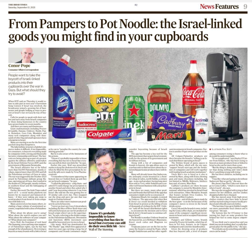RachelMoiselle's tweet image. Today in the Irish Times: beware the diapers and toothpaste in your cupboard, for they may be tenuously linked to the world’s only Jewish state.