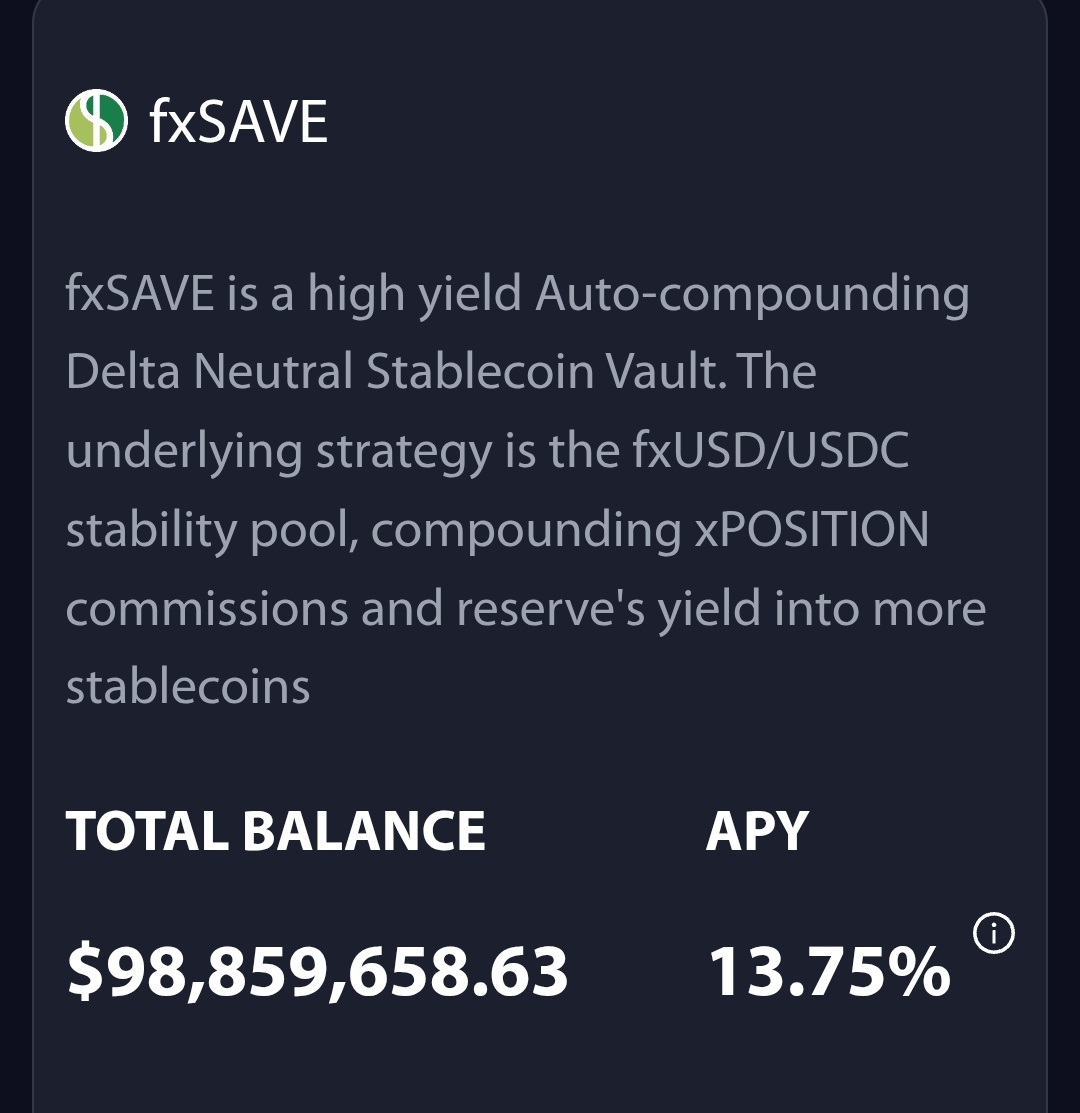 $fxSAVE at 13.75% APY, casually offering some of the best #Stablecoin yield out there.

Throw some $ in there, sit back and watch it grow. 🌱

Only on <a href="/protocol_fx/">f(x) Protocol</a> 🌚 $FXN $fxusd

fx.aladdin.club/v2/fxsave/