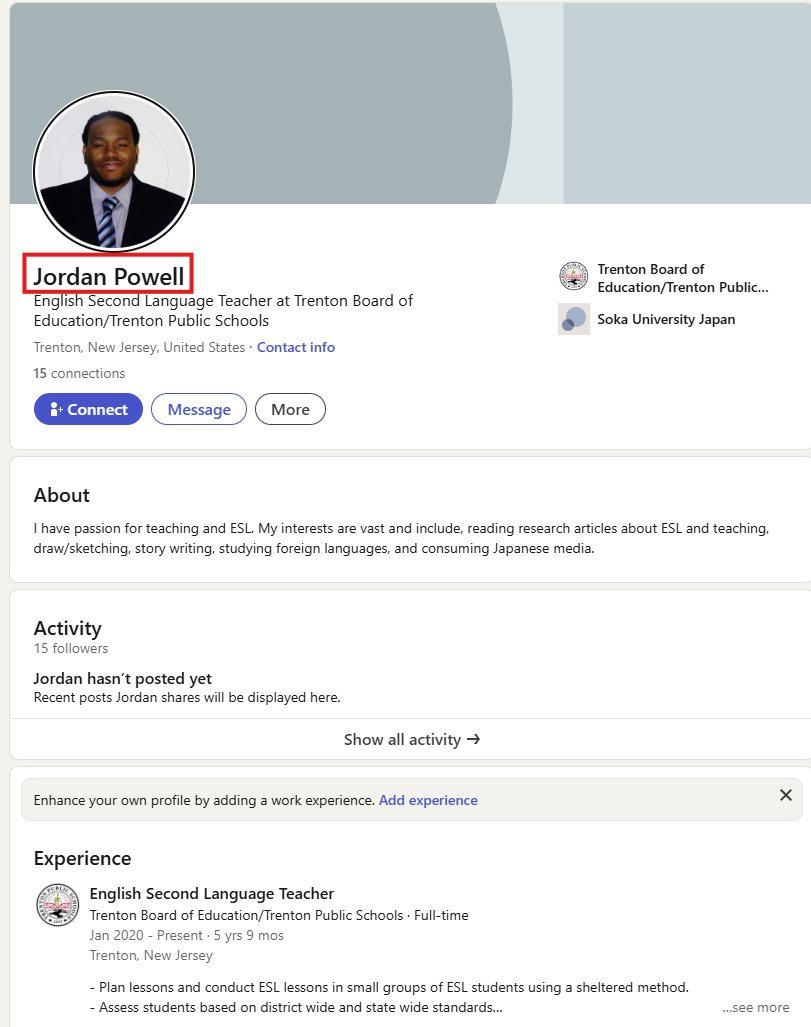 ChiefTrumpster's tweet photo. The school terrorists continue to be exposed.

Meet Jordan Powell.

He works at Trenton Public School District (@TrentonPublicSc) as a ESL Teacher.

He has been caught celebrating Kirk's murder on many posts.

Do you trust him with your kids?

Call them NOW! 609-656-4900 https://t.co/Lenx0HTUUz