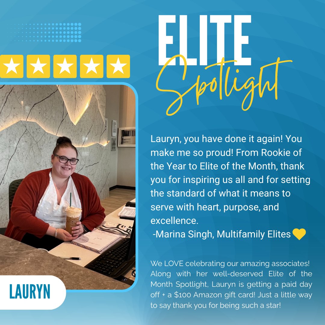 MultifamilyEli1's tweet photo. Lauryn Armfield: Elite of the Month 
A huge congratulations to Lauryn Armfield, our Elite of the Month! 
Your hard work, professionalism, and people-first attitude have made a lasting impact on our clients, residents, and associates. You embody what it means to be an Elite! https://t.co/a29hKMEMvh