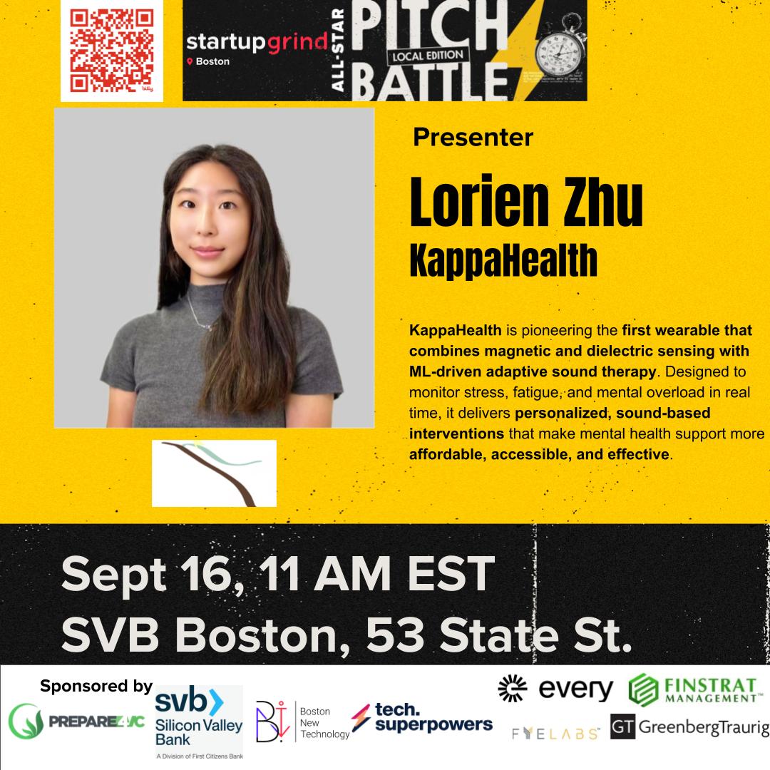 🌟 Presenter Alert: Lorien Zhu of KappaHealth 🌟

KappaHealth is building the first wearable to combine magnetic + dielectric sensing with ML-driven sound therapy — monitoring stress + fatigue in real time.

📅 Sept 16 | 11 AM | SVB Boston
🎟 RSVP: startupgrind.com/boston