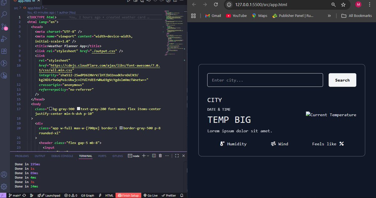 Minhix_'s tweet photo. Day 05 of #100DaysOfCode 

Started building a Weather Planner app fetch weather info via API + add related tasks. Worked on the design &amp; basic JS today. Learned that having a wireframe/demo design makes building layouts so much easier! Will continue tomorrow 
#WebDev #JavaScript https://t.co/569FMTvQ2m