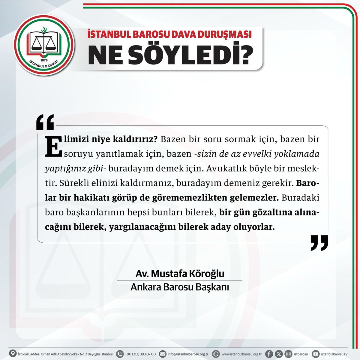 istbarosu's tweet photo. Savunmanın savunulmasına omuz verdiler. İstanbul Barosuna açılan haksız davada avukatlığı ve Baroların bağımsızlığını savundular. Tarihe not düşülecek davada neler söylendi?  @muskoroglu @ankarabarosu

⬇️Ankara Barosu Başkanı Av. Mustafa Köroğlu⬇️ https://t.co/6KObSDlGsP