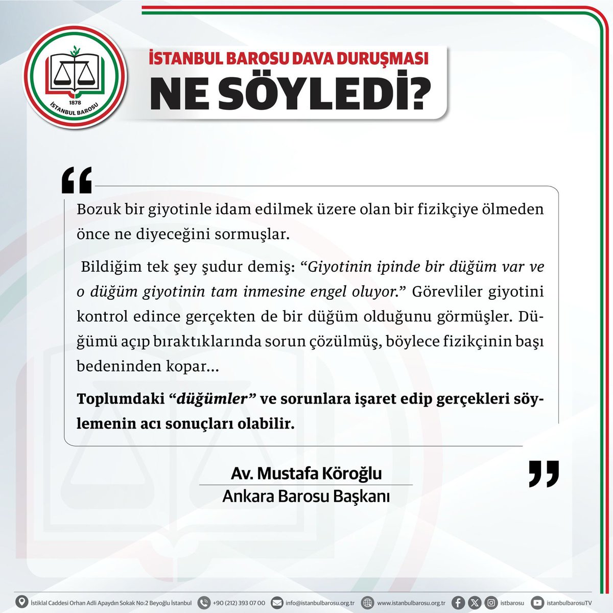 istbarosu's tweet photo. Savunmanın savunulmasına omuz verdiler. İstanbul Barosuna açılan haksız davada avukatlığı ve Baroların bağımsızlığını savundular. Tarihe not düşülecek davada neler söylendi?  @muskoroglu @ankarabarosu

⬇️Ankara Barosu Başkanı Av. Mustafa Köroğlu⬇️ https://t.co/6KObSDlGsP