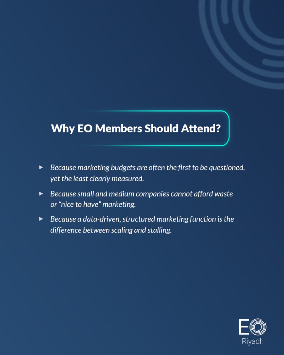 غالبا ما ينظر إلى التسويق على أنه مركز تكلفة حتى يتم تنظيمه لدفع النمو الحقيقي.

في السادس عشر من هذا الشهر، نستضيف في EO Riyadh الاستاذ معتز حجاج، وهو قائد تسويقي بخبرة تتجاوز 18 عاماً في مجالات التقنية المالية، رأس المال الجريء، التحول الحكومي والابتكار الاستهلاكي.
يُعرف معتز