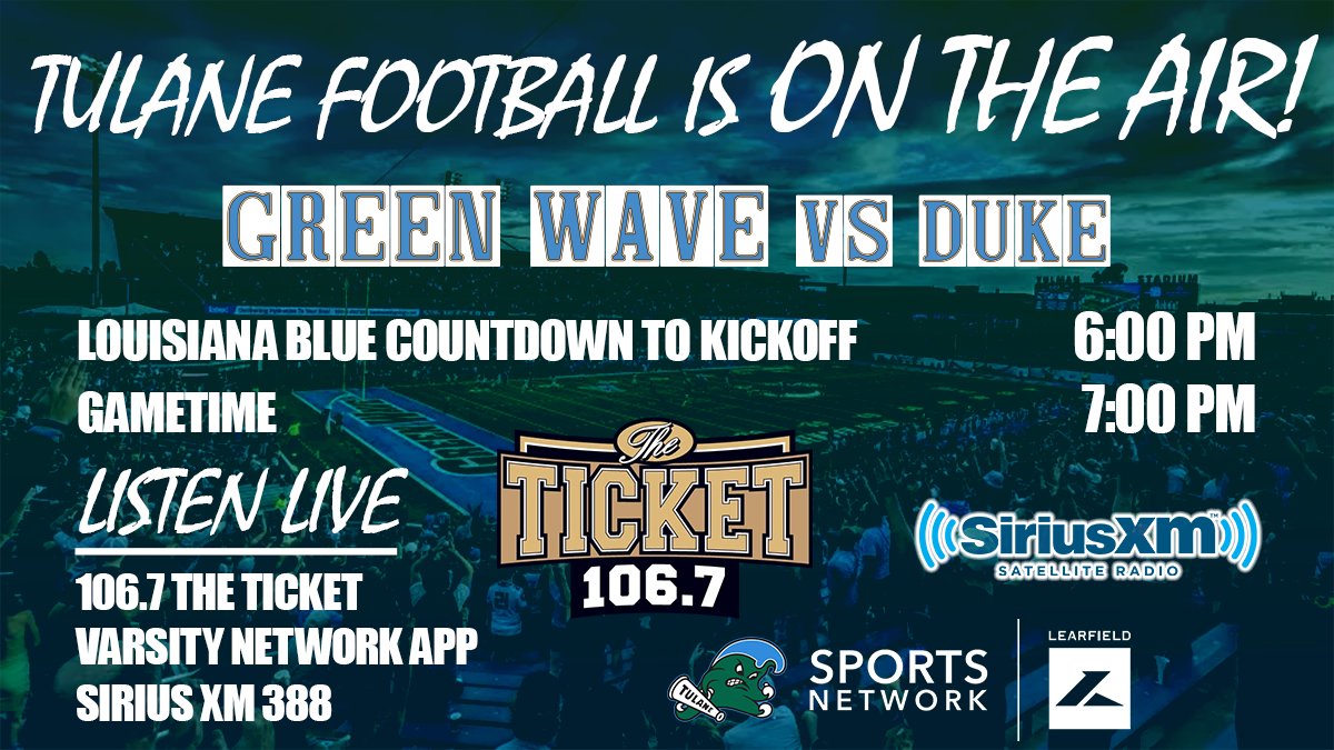 🚨 GAMEDAY ALERT 🚨
Tulane Football takes on Duke TONIGHT! 

Tune in live:
6:00 PM – Louisiana Blue Countdown to Kickoff
7:00 PM – Kickoff

106.7 The Ticket | Varsity Network App | SiriusXM 388
#RollWave 

<a href="/CoreyGloor/">Corey Gloor</a> 
<a href="/MaddyHudak_94/">Maddy Hudak</a> 
<a href="/LEARFIELDAudio/">LEARFIELD Audio</a> 
<a href="/GreenWaveFB/">Tulane Football</a>
