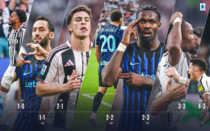 Multiple soccer players in action, wearing Juventus and Inter Milan jerseys. Players are shown celebrating, gesturing, and running on a field. Score updates are visible: 1-0, 1-1, 2-1, 2-2, 2-3, 3-3, displayed in text overlays.