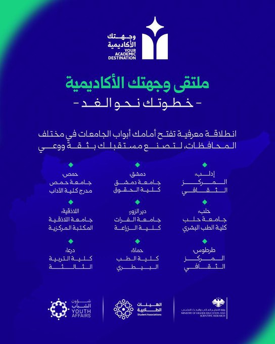 تطلق وزارة التعليم العالي في جميع الجامعات السورية غداً (الساعة 2 ظهراً)، فعاليات ملتقى وجهتك الأكاديمية - خطوتك نحو الغد، بهدف مساعدة الطلاب الناجحين في الثانوية العامة على اختيار التخصص الجامعي الذي يناسبهم، وتوفير بيئة تفاعلية تساعدهم على اتخاذ قرارات مدروسة ومبنية على المعرفة