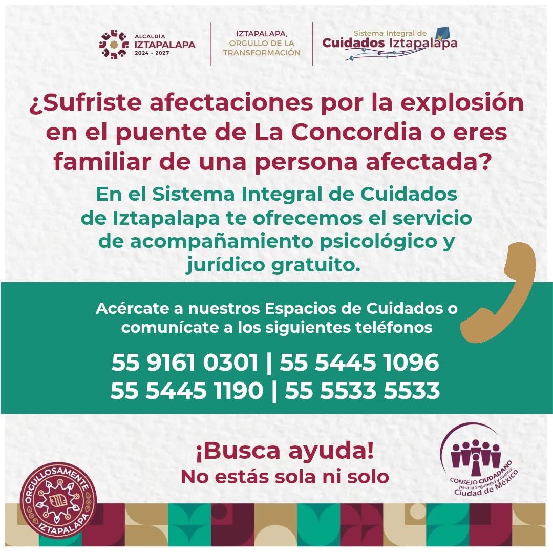 ✨ En #ElConsejo acompañamos a las personas afectadas por la explosión en el puente de La Concordia, #Iztapalapa.

💜 Apoyo psicoemocional gratuito y confidencial.

#LíneaDeSeguridad 📲 55 5533 5533 | Las 24 horas, los 7 días de la semana.