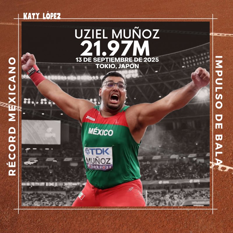 katilunga's tweet image. RECORD MEXICANO
¡CON MEDALLA MUNDIAL!
🇲🇽🥳🙌🏽🥈💪🏽🤩☄️🇲🇽

El finalista olímpico Uziel Muñoz rompe por 6ª ocasión el Récord Mexicano de Impulso de Bala y con la marca de 21.97 metros conquistó la medalla de plata en los Campeonatos Mundiales de Atletismo Tokio 25.