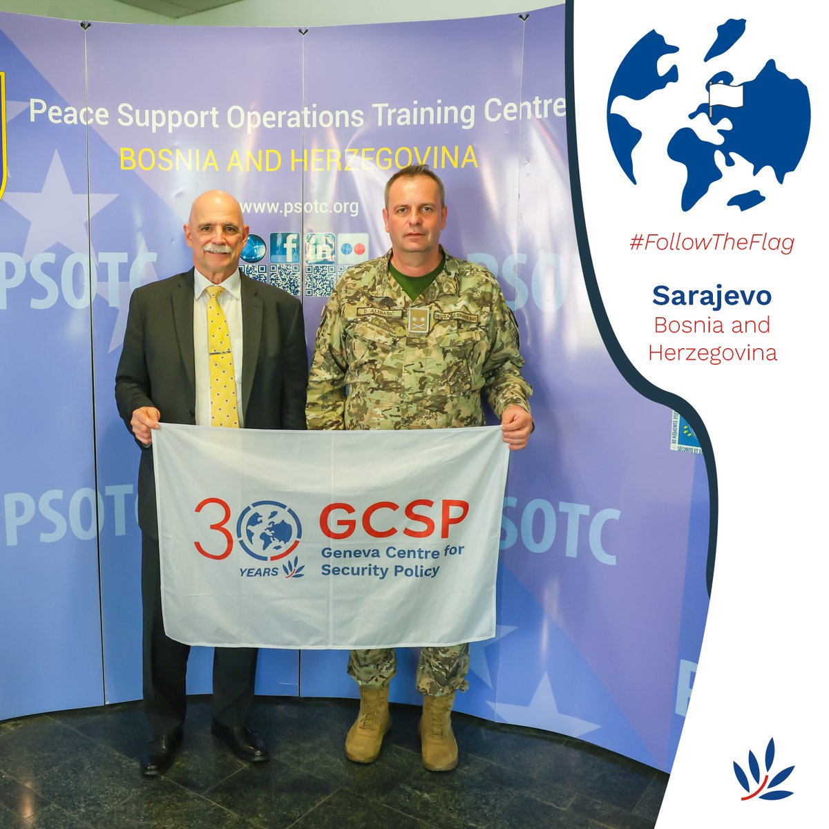 TheGCSP's tweet image. 🌍 Col (GS) Dr Laurent Currit carried the GCSP 30th Anniversary flag to BiH! 🌟

📍 Where? Sarajevo
🤝 With? Lt Col Damir Alibasic, Commandant of the Peace Support Training Center (PSOTC)
🎯 Why? A great partnership between the GCSP and the PSOTC!

#GCSP30Years #FollowTheFlag
