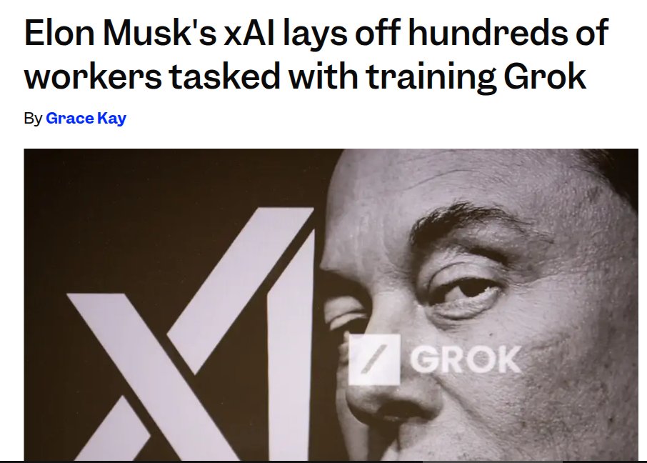 rohanpaul_ai's tweet image. ✂️ NEWS: xAI laid off 500 generalist data annotators and says it will expand specialist AI tutors by 10x, shifting how Grok is trained.
xAI framed this as a “strategic pivot” away from “general AI tutor” roles toward expanding specialists.
Business Insider reports the…