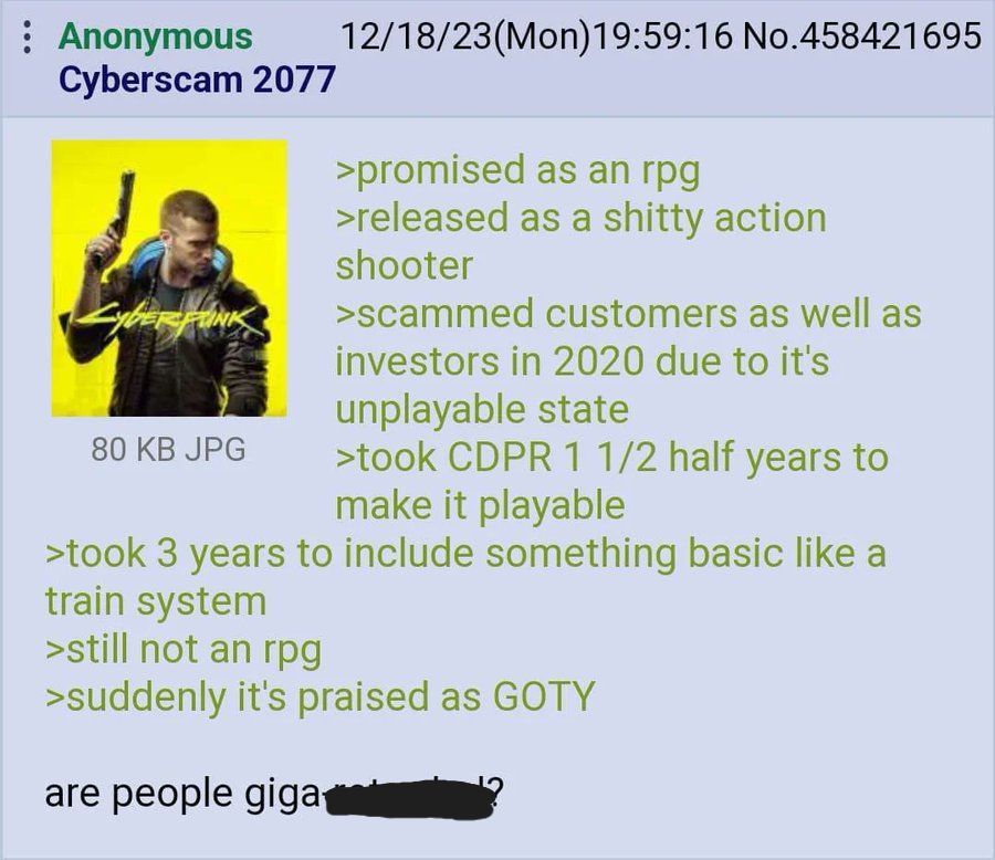 DailyGreentext's tweet image. Anon on remembering Cyberpunk’s disastrous launch