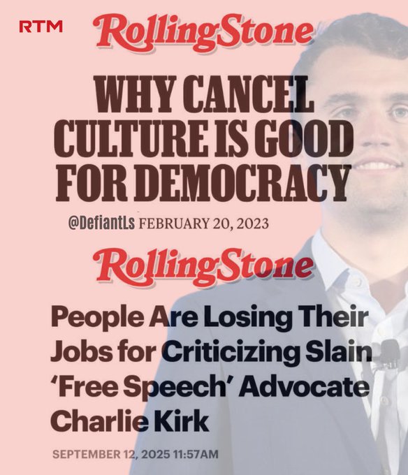 Charlie Kirk smiling, wearing a suit and microphone, against a pink background. Rolling Stone logo in red at the top. Text overlay reading 