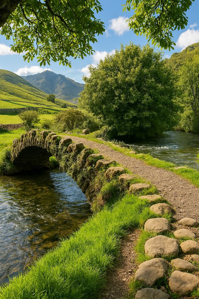 Naji_alt's tweet image. An old stone bridge leading across a sparkling stream, surrounded by rolling green hills and timeless charm 🌿🌉✨ #CountrysideEscape #NaturePath #RusticBeauty