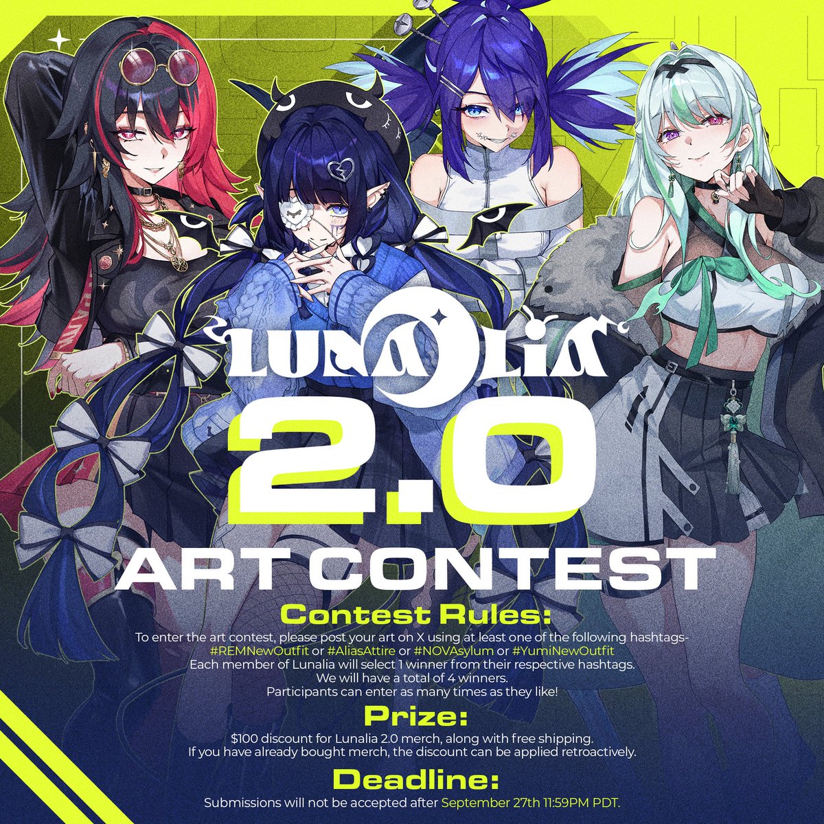V4Mirai's tweet photo. ⚠️ Lunalia 2.0 Art Contest ⚠️

Show off your creativity for a chance to win $100 towards 2.0 merch! 💫

🔹 Use hashtags: #REMNewOutfit #AliasAttire #NOVAsylum #YumiNewOutfit
🔹 4 winners chosen by Lunalia!
🔹 $100 merch discount + free shipping

Deadline: Sept 27, 11:59PM PDT ⏰ https://t.co/KxQgjKXBXA