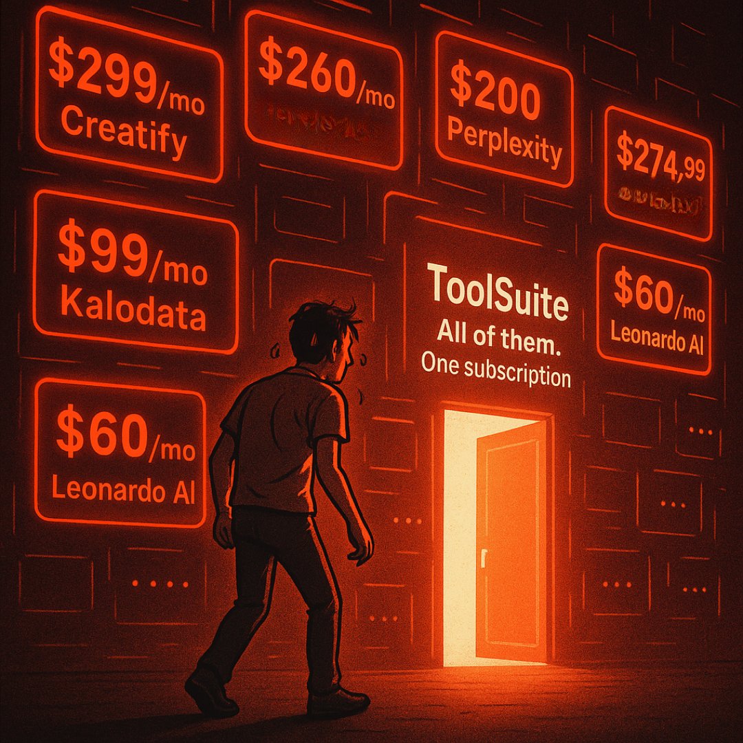 trytoolsuite's tweet image. He was overwhelmed.
$299 here, $274 there…
Another $60 for that design tool he barely used.

Every month he bled cash into SaaS tools, just to stay in the game.
Until he saw it:
A single glowing door that said:

“ToolSuite — All of them. One subscription.”

He stepped in.
And…