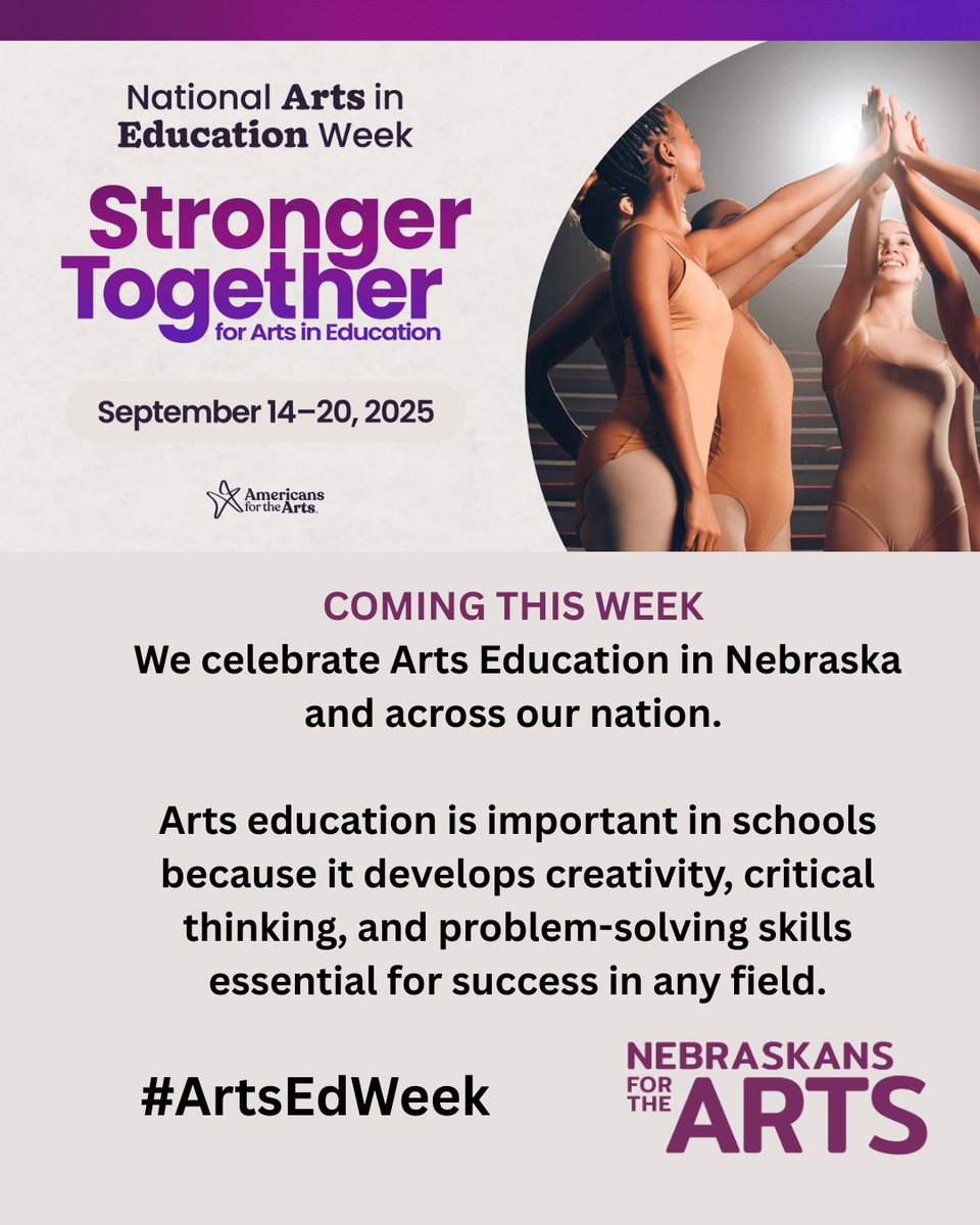 Starting September 14, 2025, we will be celebrating National Arts Education Week.  Follow us throughout the week!
#ArtsEdWeek <a href="/Americans4Arts/">Americans for the Arts</a> <a href="/ArtsActionFund/">Arts Action Fund</a>