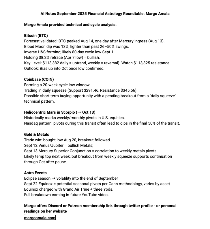 margo_amala's tweet image. Margo Amala&apos;s AI Notes September 2025 Financial Astrology Roundtable:
@MarsilioMusing 
@AstroCryptoGuru