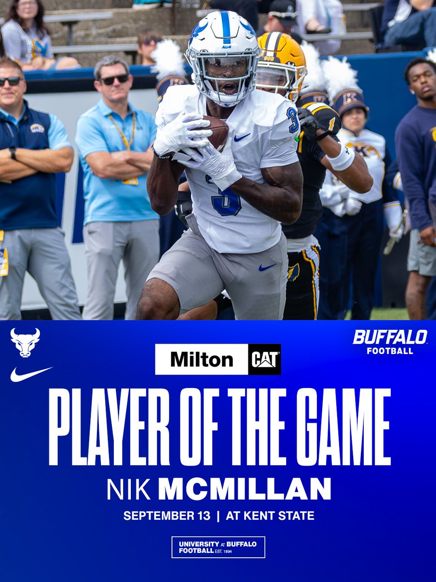 With six receptions, 111 yards and a touchdown, wide receiver Nik McMillan was today's Milton CAT Player of the Game in the Bulls' win over Kent State!

#UBhornsUP🤘 | #BullMarket📈