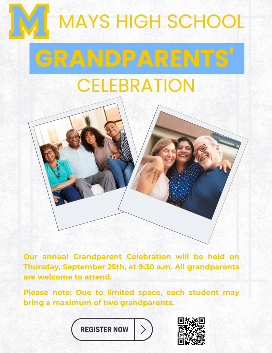 Mays is excited to celebrate our annual Grandparents Day on Thursday, September 25th, at 9:30 a.m. 🎉 All grandparents are invited to join us for this special event!
 <a href="/APSMaysRaiders/">APS Mays Raiders</a> <a href="/apsupdate/">ATL Public Schools</a> <a href="/BEMaysPRIDE/">Dr. Ramon Garner</a> <a href="/MckenzieMaysHS/">Tonya Mckenzie</a>