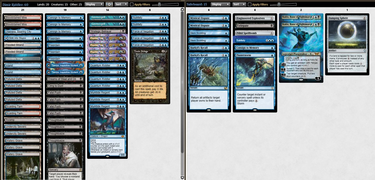 I've been working on this deck recently, I think it does a couple things very well. 

Quantum Riddler is the glue that lets you play a lot of strong cards with little downside. 
1. Free counters give you tempo but riddler lets you refill quickly afterwards. 
2. Consign to memory