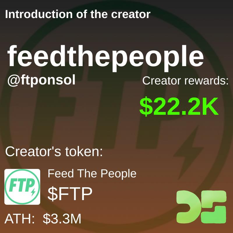 Introducing new creator  <a href="/ftponsol/">Feed The People</a> - $FTP  

All rewards are going to feed the people in need. 
Really happy to see trenches healing and such projects appearing

Profile: pump.fun/coin/J2eaKn35r…