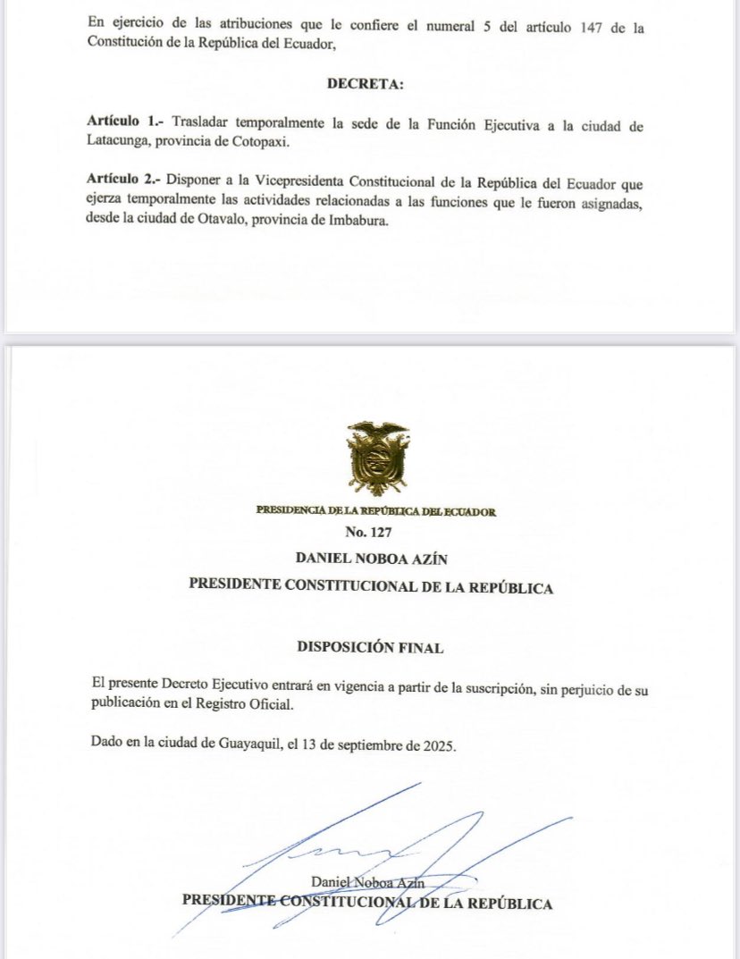 LO ÚLTIMO: el presidente Noboa ordena trasladar temporalmente la sede de la Presidencia a Latacunga y de la Vicepresidencia a Otavalo, en medio de las reacciones en contra de la eliminación del subsidio al diésel.