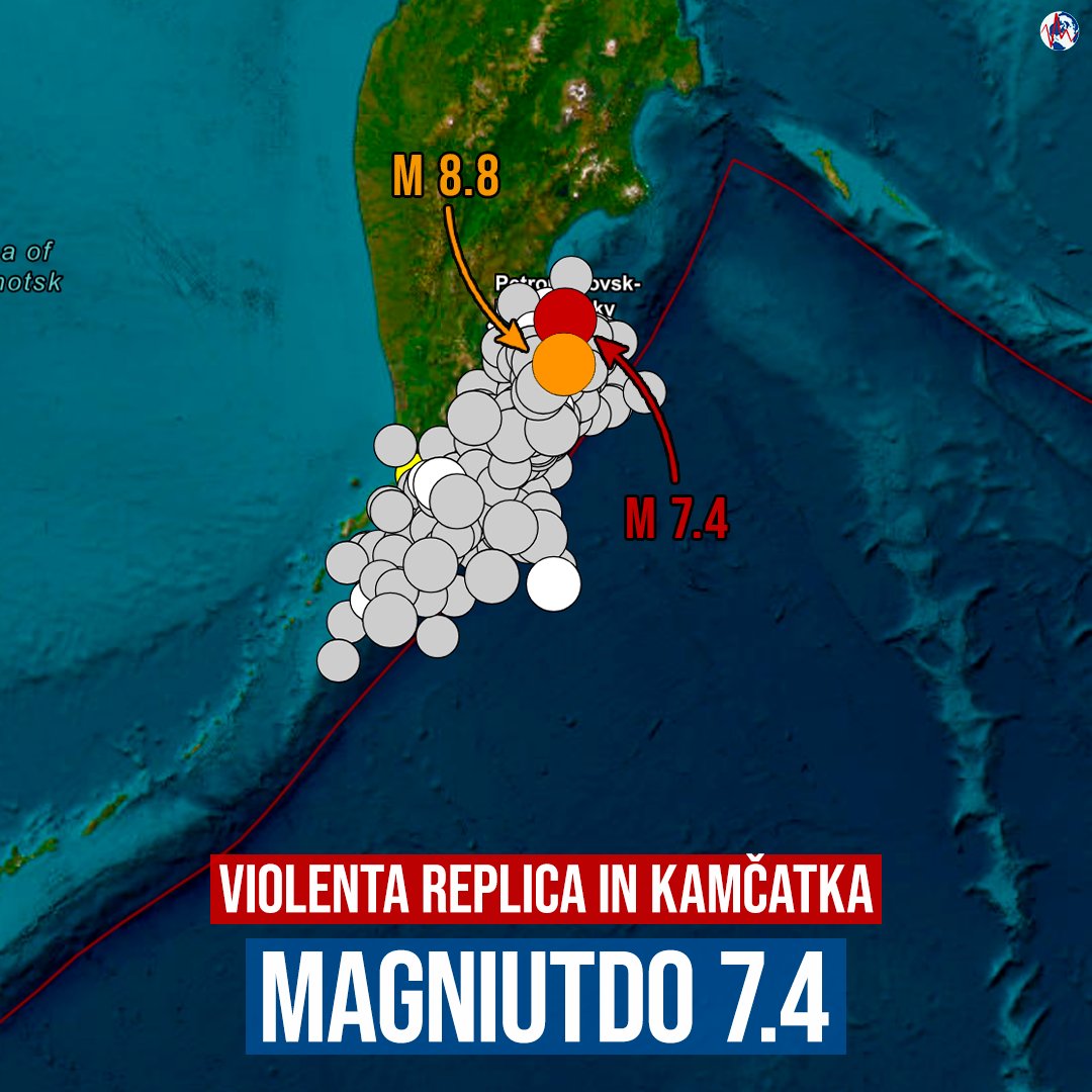 Un nuovo #terremoto di M 7.4 è avvenuto stamattina al largo della penisola di #Kamčatka, in Russia. Si tratta della replica (aftershock) più forte della violenta scossa di M 8.8 che ha colpito la Kamčatka il 30 luglio. Da allora sono state registrate oltre 300 scosse di M ≥ 5.