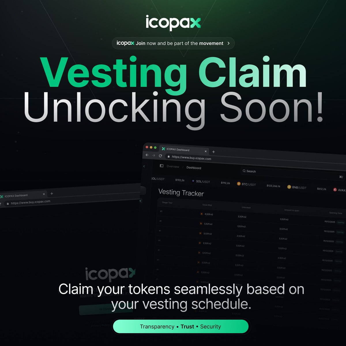 ICOPAX VESTING CLAIM SCREEN IS GOING LIVE!

The wait is almost over! Our vesting claim screen will be live very soon, giving you full access to manage and track your $IPAX tokens with ease.

🔹 Vesting Structure:
 • 25% released upfront ✅
 • 25% unlocked every month thereafter