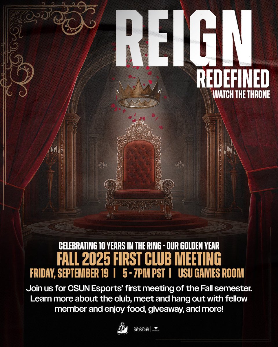 CSUNEsports's tweet image. Our Golden Year 🏆

Celebrating our 10th anniversary, come celebrate with us at our FIRST club meeting of the semester on Friday, September 19th @ 5-7PM. Don’t miss our free play, live production, food and giveaways!

📍USU Games Room

#EnterTheRing | #csunesports | #goldenyear