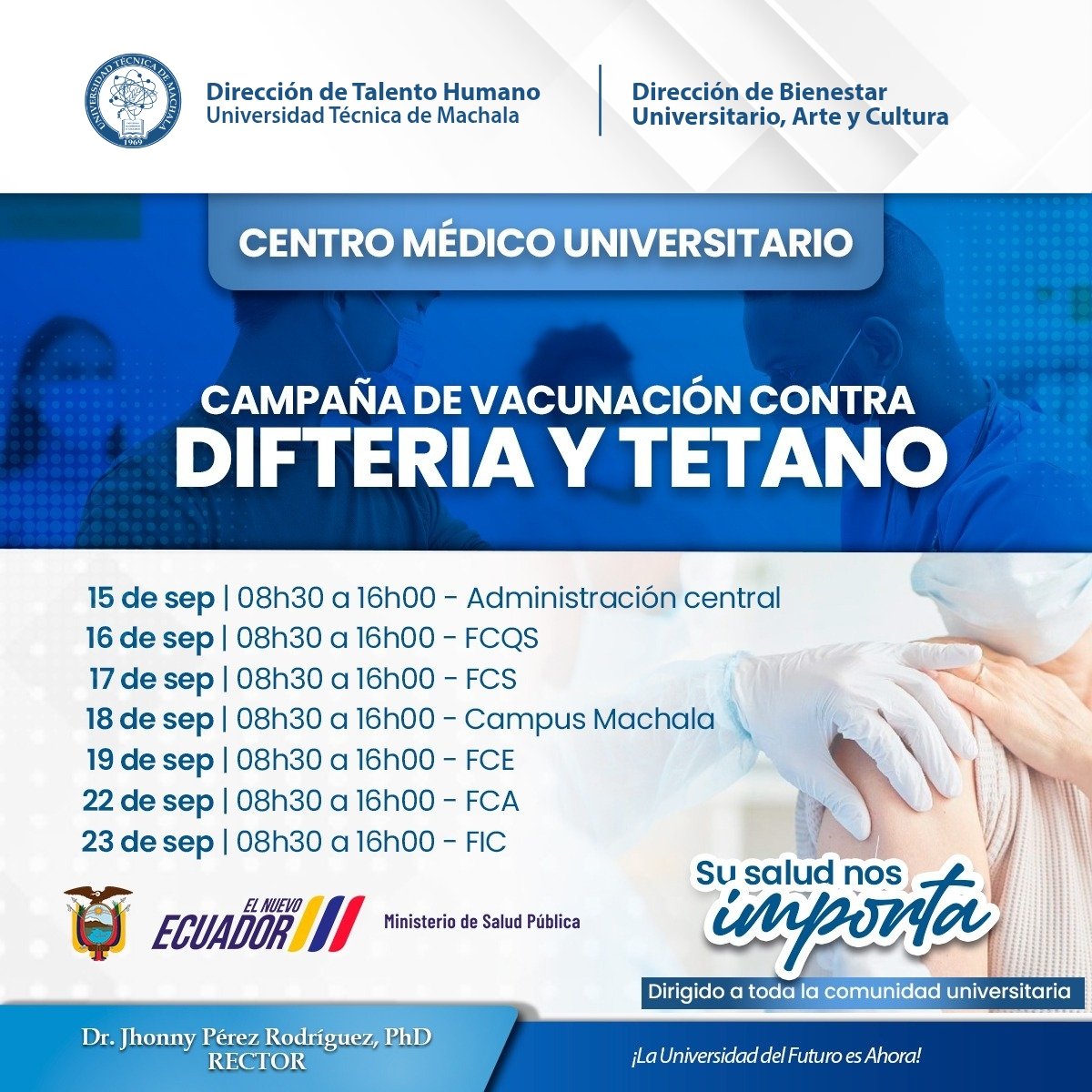 💉 La UTMACH, junto a Talento Humano, Bienestar Universitario y <a href="/Salud_Ec/">Ministerio de Salud Pública 🇪🇨</a>, impulsa la Campaña de Vacunación contra la Difteria y el Tétanos.

✅ Gratuita
👩‍🎓👨‍🏫 Para toda la comunidad universitaria

#UTMACH #SaludPreventiva #Vacunación