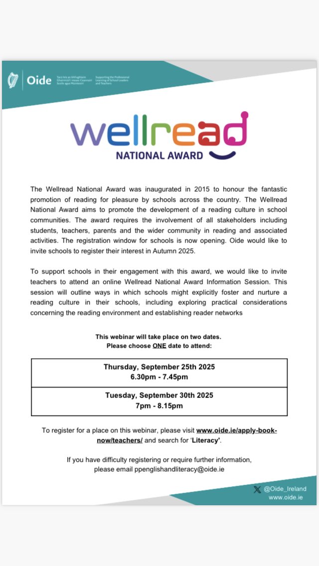 Very worthwhile Wellread National Award for interested Post Primary Teachers. Registration details at end of poster 
<a href="/oide_Ireland/">Oide Schools' Support Service, Ireland</a>