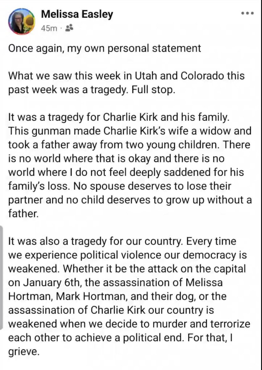 Brett_Jensen's tweet photo. Charlotte-Mecklenburg School board member Melissa Easley @MelissaCMSD1 has TRIPLED down on her original statement and says she stands by it, including the insinuation Charlie Kirk asked for it. “I stand by my original post. Every word of it.” She says she refuses to apologize. Attached is her new post and two segments followed by the original.