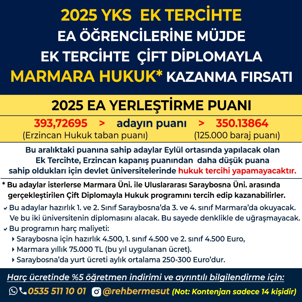 Devlet üniversitelerinde Hukuk kazanamayan adaylar için ek tercihte çift diplomayla Marmara Hukuk kazanma fırsatı, hem de %5 öğretmen indirimiyle. #tercih2025 #ektercih #denkdiploma <a href="/iussarajevo/">IUS</a>