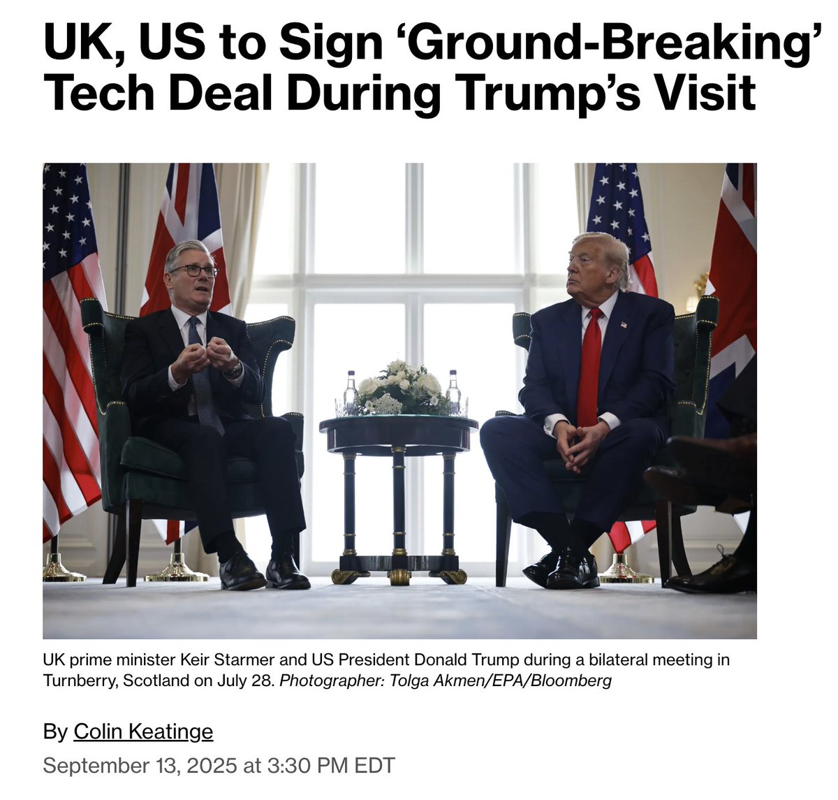 UK and US will sign a tech deal during Trump’s visit next week, with Nvidia, OpenAI, CoreWeave, and BlackRock set to announce major UK data center investments, per Bloomberg.