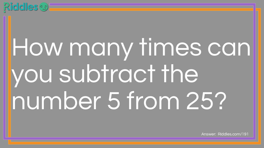 best_riddles's tweet image. Riddle: How many times can you subtract the number 5 from 25?
💡 Comment your answer below
👉 Tag a friend who loves riddles!
🔖 Save this to test your brain later.
#mathriddles
#riddles