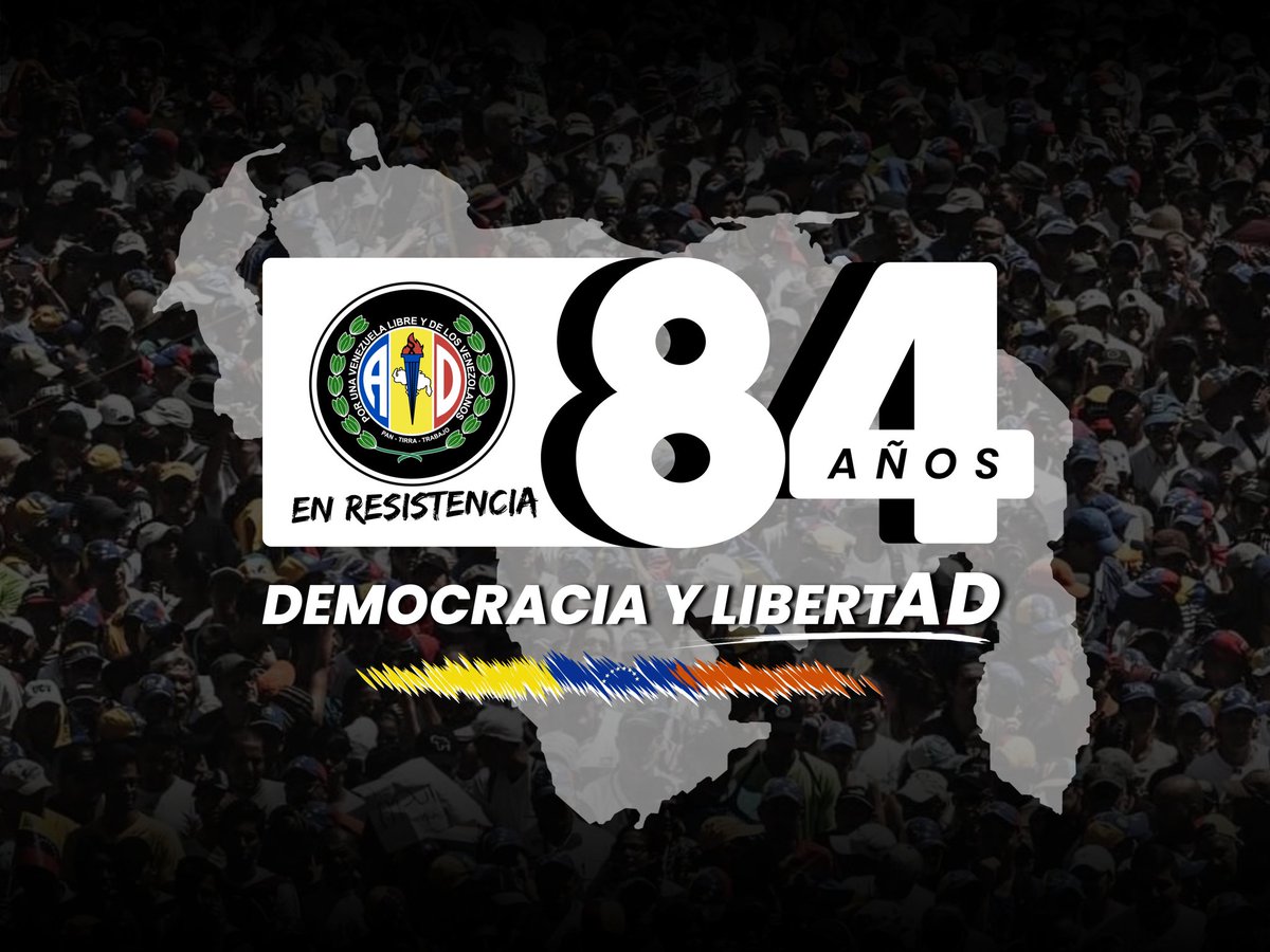 Hace 84 años comenzó a escribirse con verso vigoroso y mano firme, la historia de Acción Democrática.  
En este aniversario AD En Resistencia ratifica su compromiso con las nuevas generaciones, con la democracia y libertad 
  #84AñosADEnResistenciaConVzla