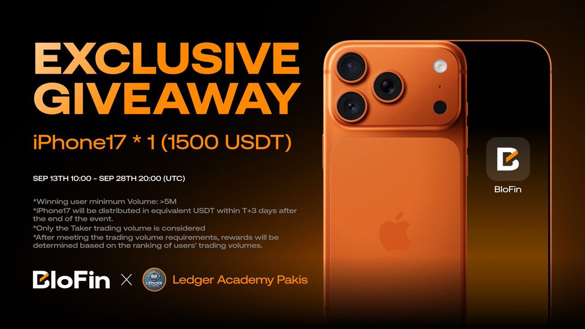 FlukeEth1's tweet photo. 🚨 GIVEAWAY ALERT 🚨

📌 Win the brand new iPhone 17 Pro 📱

In collaboration with Ledger Academy x BloFin 🐳

🔗 Sign Up: https://t.co/mvM2GsakfT

#Crypto #BloFin #LedgerAcademy #Giveaway #FuturesTrading https://t.co/khZp0RZEO7