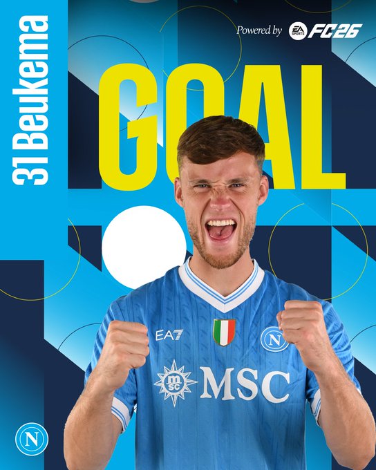 Sam Beukema wearing a blue Napoli soccer jersey with the MSC and EA7 logos, raising his fists in celebration. The jersey features the Napoli logo and Italian flag colors on the collar. The background includes geometric blue and white patterns with the word "GOAL" in large yellow letters and "31" in white.