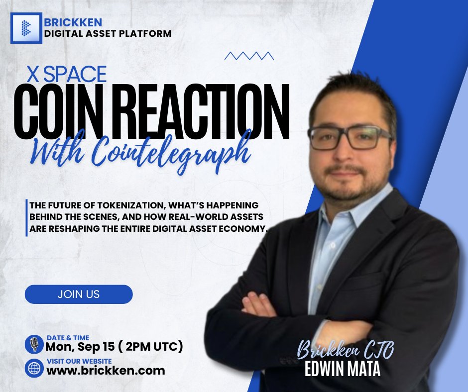 MATK!NG`$™ 👑 ♣️ (@mathew_kinzy) on Twitter photo Some conversations shape hype. Others shape the future.
This Monday, one of those conversations is happening live. 🎙️
<a href="/Cointelegraph/">Cointelegraph</a> is hosting <a href="/Brickken/">Brickken</a> CEO <a href="/EdwMata/">edwinmata.eth</a> for their weekly X Space. And trust me, if you care about RWAs, you’ll want to tune in. 🧵👇 Some conversations shape hype. Others shape the future.
This Monday, one of those conversations is happening live. 🎙️
<a href="/Cointelegraph/">Cointelegraph</a> is hosting <a href="/Brickken/">Brickken</a> CEO <a href="/EdwMata/">edwinmata.eth</a> for their weekly X Space. And trust me, if you care about RWAs, you’ll want to tune in. 🧵👇