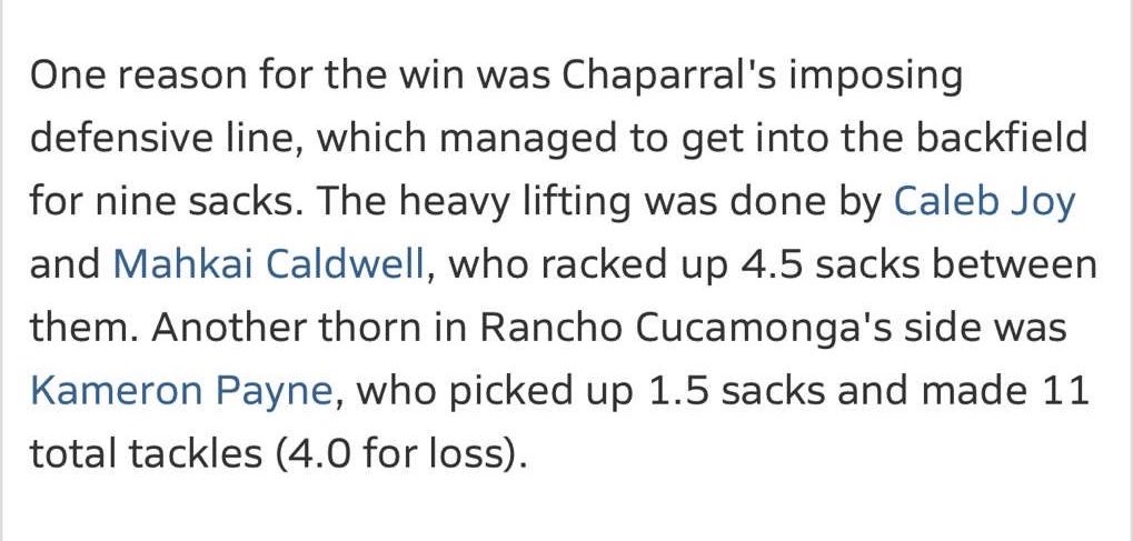 WE went to Rancho Cucamonga last night and had a great time! I had 2 of the 9 sacks we had in the game. <a href="/MaxPreps/">MaxPreps</a> with the write up! <a href="/Caleb_Joy/">CALEB "CJ" JOY</a> <a href="/kameronpayne27/">Kameron Payne</a> <a href="/Coach_Ramer/">Coach Ramer</a> <a href="/CoachDeeWR/">D’Vonte McKneely</a> <a href="/chaparralpumafb/">Chaparral Puma Football</a> <a href="/coach_jpayne/">Jason Payne</a> <a href="/Coach_TUI/">Manako Tuifua</a> #PumaPRIDE